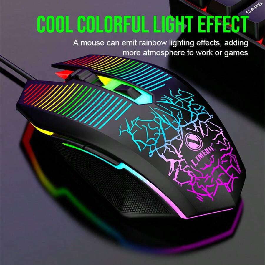 LIMEIDE Chuột chơi game USB có dây cho máy tính tại nhà, chuột gaming cạnh tranh hiệu ứng phát sáng nứt, đèn thở 7 màu - Xem 1