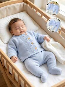 Newborn Sweater Set Solid Color Cable Knit Outfit Baby Round Neck Cardigan Sweater + Leggings 2 Pieces Set Baby Daily Outing Worry-Free Outfit - Baby Blue - View 4