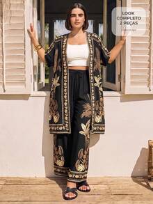 CAJUNI 2pcs/Set Ukuran Plus Wanita Motif Tanaman Tropis Kimono & Celana, Gaya Liburan Elegan - MultiWarna - View 1