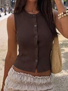 Women's Summer Sleeveless Casual Knit Top With Button Design, Fashionable And Elegant, Essential For Work, Daily Wear And Outings - Brown - View 5