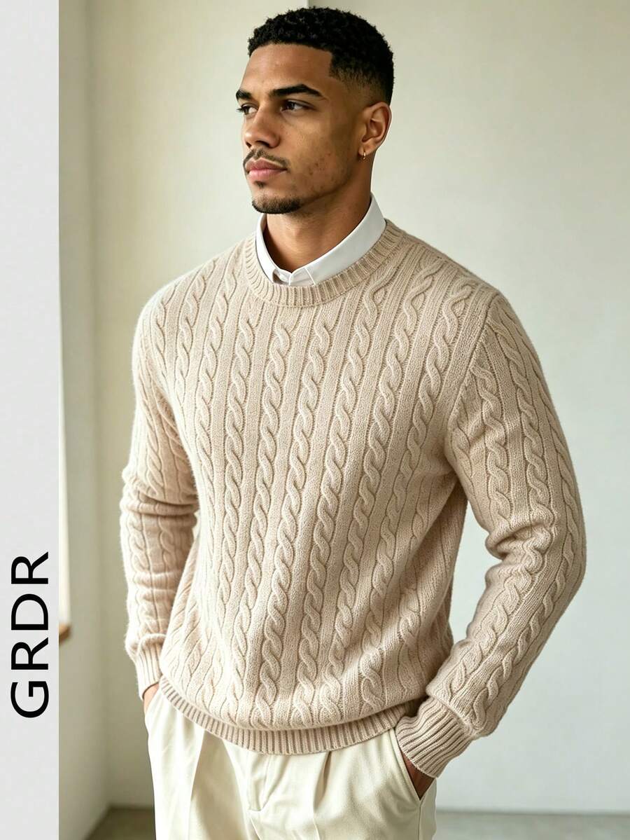 GRDR Men's Twisted Floral Pattern Crew Neck Long Sleeve Sweater - Apricot - View 1