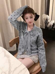 Elegant Niche Bowknot Grey Polka Dot Knit Cardigan Sweater For Women, Can Be Worn Alone Fall - Grey - View 2