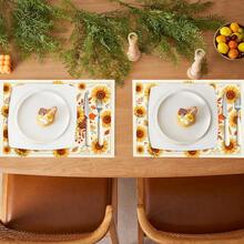 2pcs/4pcs/6pcs Autumn Sunflower Pattern Kitchen Dining Table Tray Mats, Square Tray Mats, Table Mats, Holiday Table Decor, Seasonal Home Decor, Holiday Decor, Thickened Linen Material, Perfect For Holiday Dining Room And Kitchen Decor - Multicolor - View 8