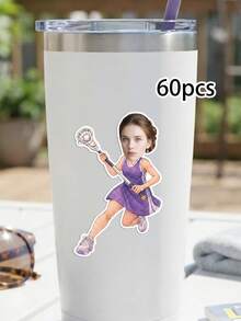 15/30/60pc Custom Face Lacrosse Player Girl Cartoon Stickers,Personalized Photo Athlete Decals,Sports Journal Decor Sticker,High School Lacrosse Team Senior Night Party Favor,Sports Birthday Decor Gift,Gift Wrapping Sticker - Multicolor - View 7
