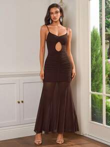 PARTHEA Elegant Brown Ruched Mesh Mermaid Dress, Thin Straps Front Cutout Slim Party Brown Dress For Women - Brown - View 4
