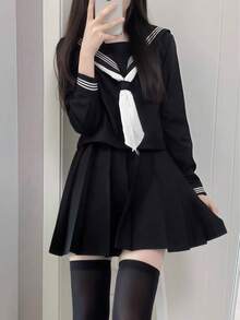 1件裝可愛JK校園制服套裝，附領結，女款水手風校園JK制服，黑色長袖上衣搭配黑色百褶裙，秋季款 - 黑色 - 查看 3