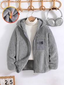 Boys' Casual Fashion Hooded Zip-Up Fleece Jacket, Winter - Grey - View 2
