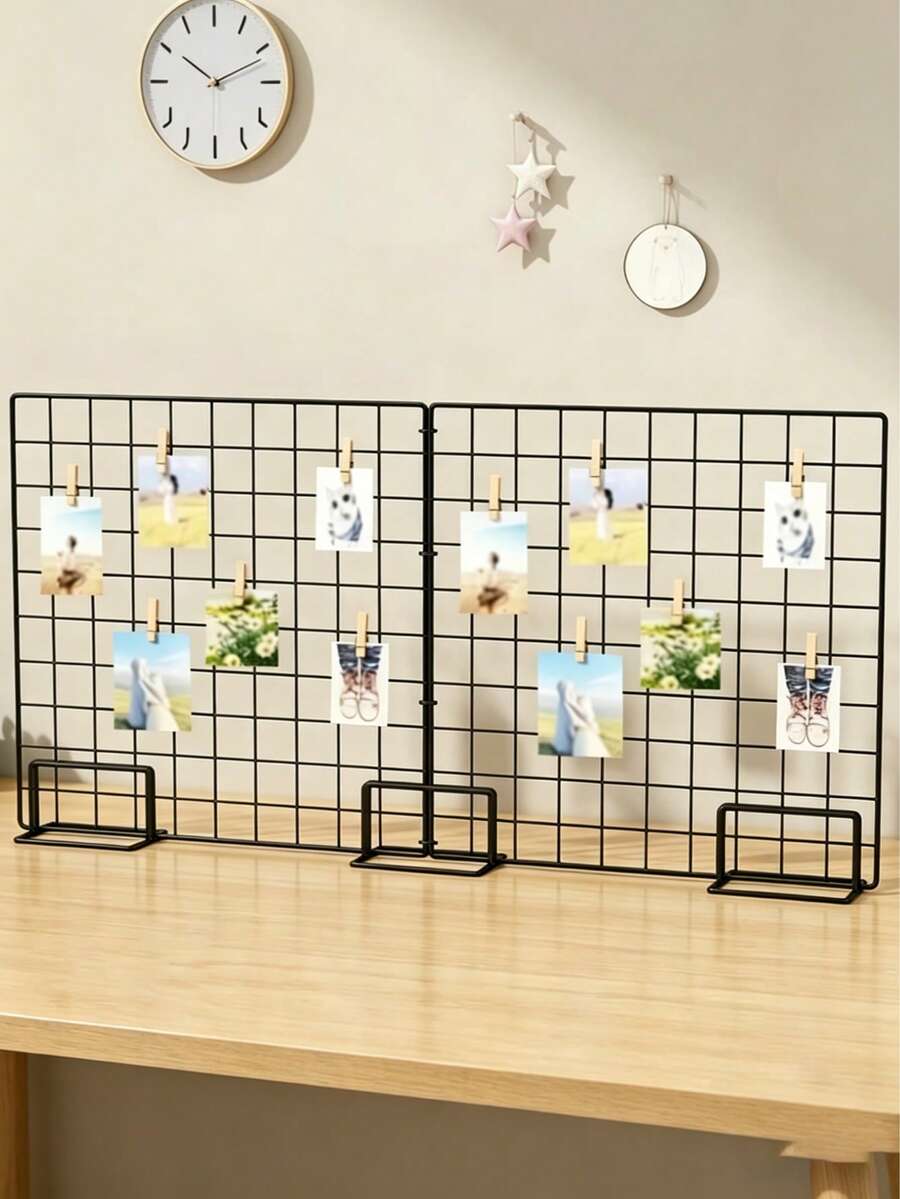 3pcs Desktop Grid Display Rack With 2 Panels & 20 Clips, 35x35cm Free-Standing Wire Grid Photo Frame For Photos, Jewelry, Crafts & Classroom Decor, Sticker Display Stand, Summer , Back School