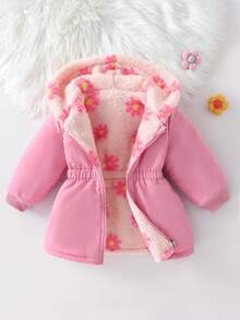 Jaket Bayi Perempuan Musim Gugur/Dingin Lengan Panjang Berkerudung dengan Lapisan Bulu Domba, Motif Bunga, Panjang Sedang, Kardigan Lembut Berwarna Pink yang Lucu dan Serbaguna, Dapat Dibalik - Berwarna merah muda - View 3
