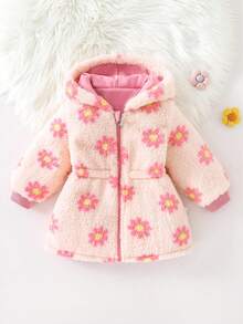 Jaket Bayi Perempuan Musim Gugur/Dingin Lengan Panjang Berkerudung dengan Lapisan Bulu Domba, Motif Bunga, Panjang Sedang, Kardigan Lembut Berwarna Pink yang Lucu dan Serbaguna, Dapat Dibalik - Berwarna merah muda - View 1