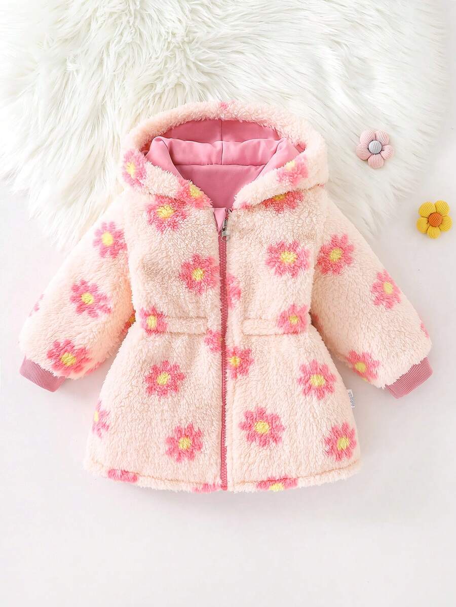 Jaket Bayi Perempuan Musim Gugur/Dingin Lengan Panjang Berkerudung dengan Lapisan Bulu Domba, Motif Bunga, Panjang Sedang, Kardigan Lembut Berwarna Pink yang Lucu dan Serbaguna, Dapat Dibalik - Berwarna merah muda - View 1