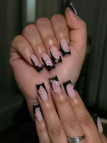 10pcs 3D Pink Flower Nail Stickers, Square Medium-Long Black French High-End Minimalist Versatile Style, Y2K Gentle Sweet Cute Floral Handmade Nail Stickers, Suitable For Girls Daily Wear, Wearable Fake Nails, Nail Art Supplies - Multicolor - View 2