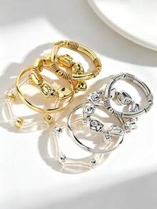 Set Gelang Minimalis 4 Buah dari Baja Titanium yang Dapat Ditumpuk, Set Gelang Manset Terbuka yang Dapat Diatur dari Resin Transparan dengan Manik-Manik Spiral Persegi Bertekstur Asimetris Perak Mengkilap, Hadiah untuknya - MultiWarna - View 4