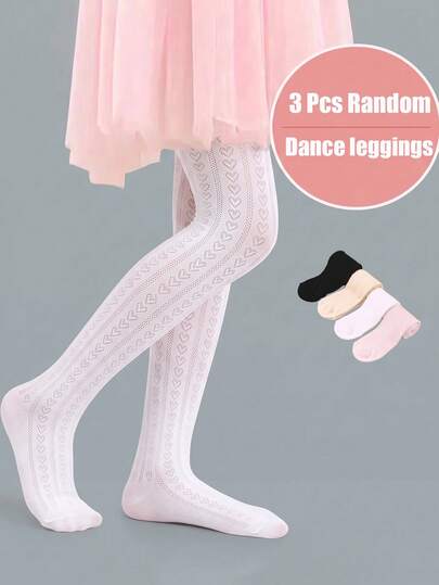 3 Pcs Random Girls Hollow Heart Mesh Dance Tights, Back To School, Breathable Summer And Fall Kids Pantyhose, Tights For Girls, Party Favors For Kids