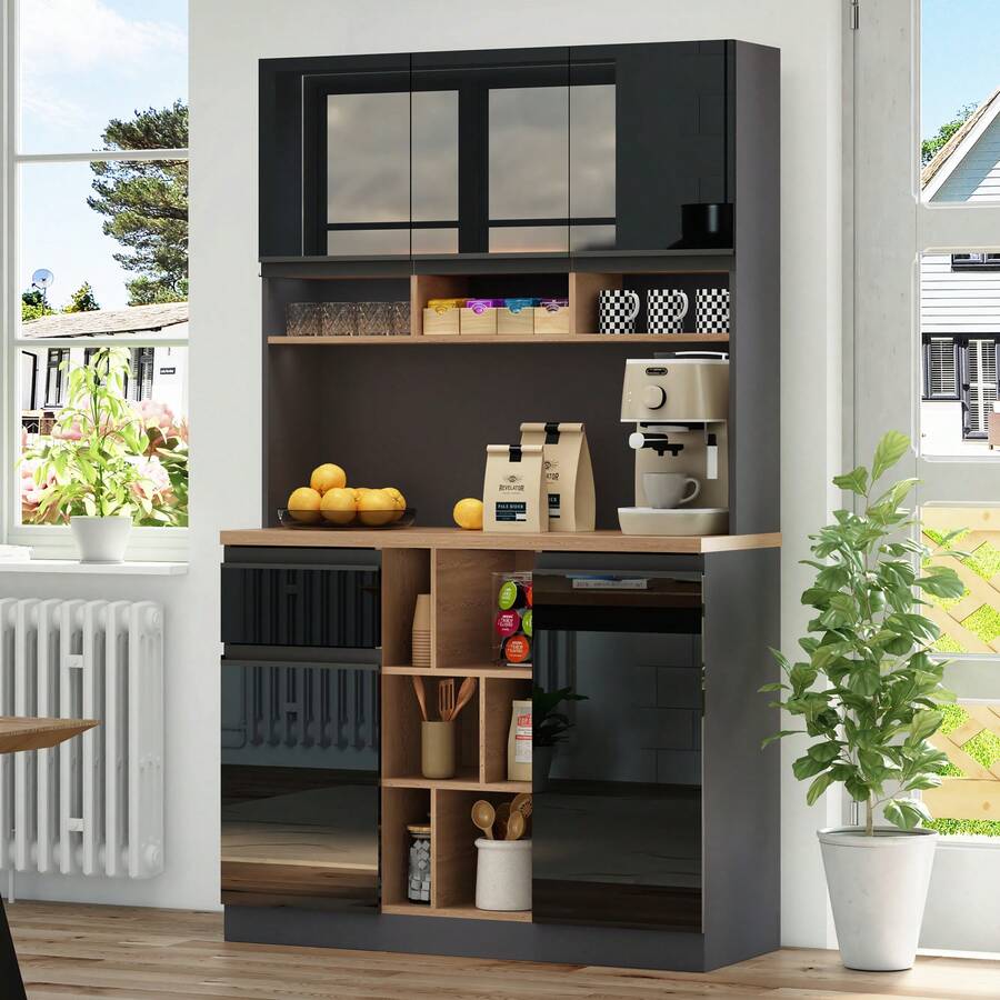 Modern White High Gloss Sideboard - Adjustable Shelves - 黑與自然 - 查看 1