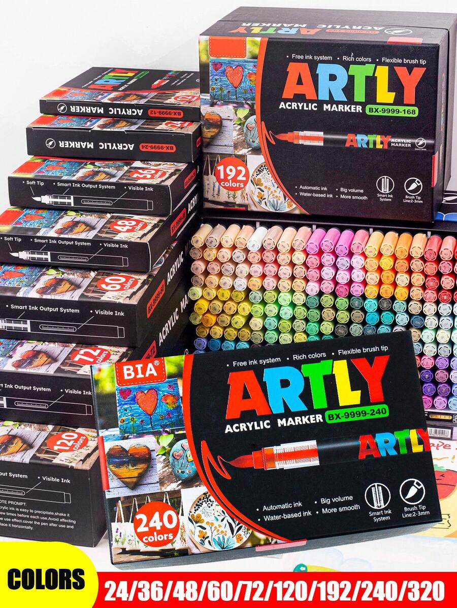 Back To School Season & ARTLY 24-320 Colors Soft Tip Acrylic Marker Set, 2.5ml Large Capacity Ink, Smart Ink Control Structure, 2-3mm Line Width, Smooth Layering, Suitable For Wood, Ceramic, Glass, Shell, Egg Surfaces, Water-Based Pigment Pens, Versatile For Detail Outlining And Large Area Filling, Ideal For Stone Painting, Handmade DIY And Artistic Creation. - Multicolor - View 1