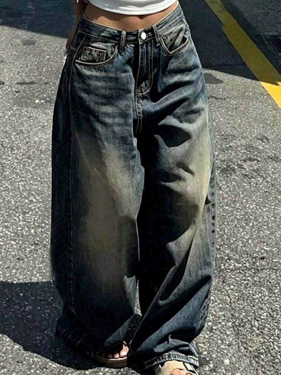 青少年时尚直筒宽松阔腿休闲牛仔裤,适合所有季节 - 中等水洗藍 - 查看 1