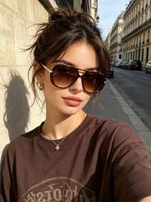 1pc European & American New Style Personalized Double Bridge Oversized Frame Women's Fashion Glasses Retro Aviator Fashion Glasses - Tortoise-shell Frame Double Tea Set - View 2