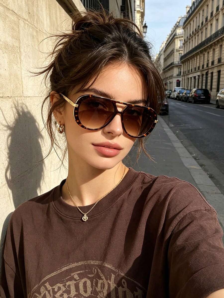1pc European & American New Style Personalized Double Bridge Oversized Frame Women's Fashion Glasses Retro Aviator Fashion Glasses