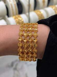 4 Peças Pulseira Banajer com Trevo Entalhado em CNC Banhada a Ouro 21K, Pulseira Feminina de Metal Texturizado Facetado, Joias de Casamento de Noiva de Dubai e Arábia Saudita - 01 - Visão 4