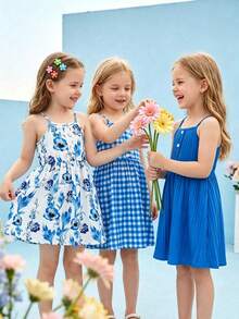 3pcs/Set Girls Floral Print Cami Dress + Solid Color Button Cami Dress + Plaid Print Patchwork Button Decor Cami Dress, Perfect For Summer Daily, Vacation And Party Wear - Multicolor - View 4