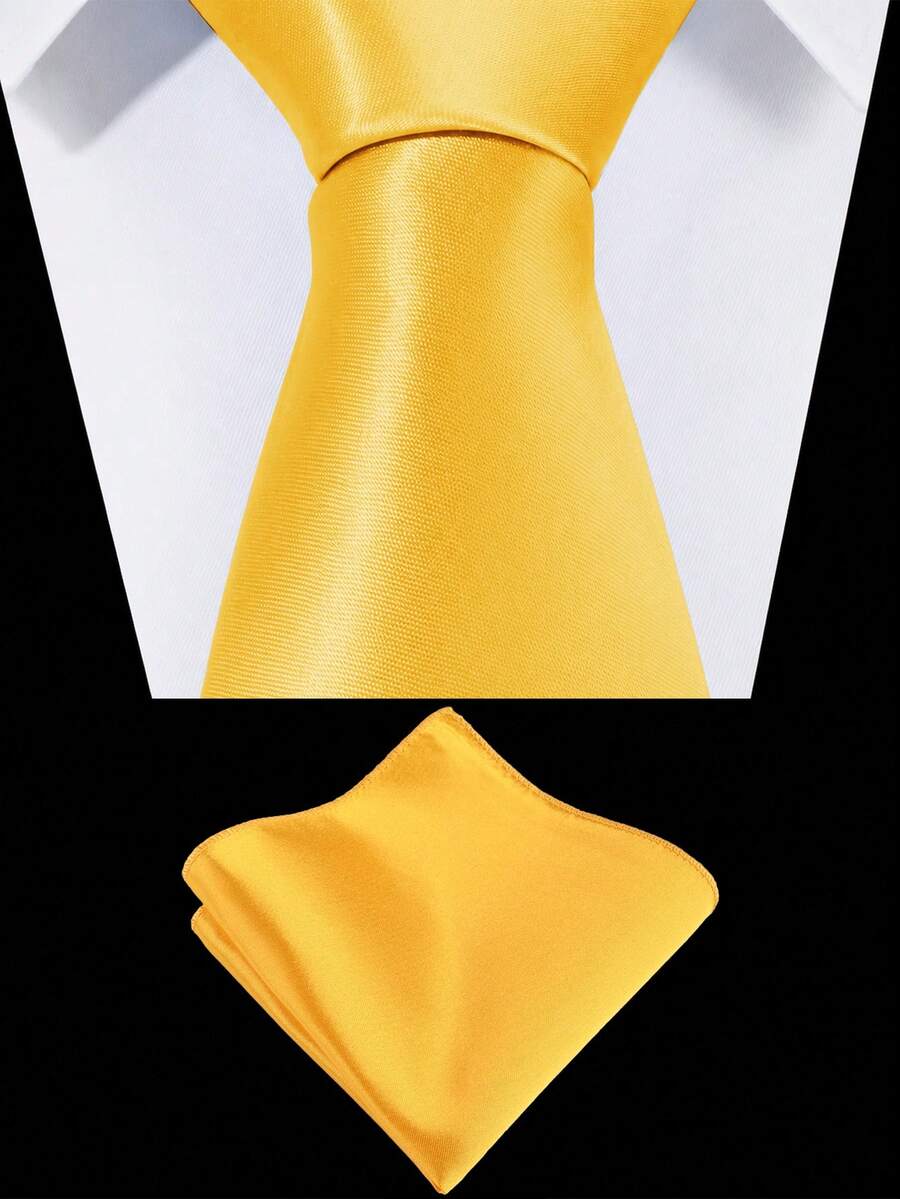 1 set herrslips och bröstnäsduk i enfärgad satin, 8 cm, affärslips- och bröstnäsdukset - Gul - Visa 1