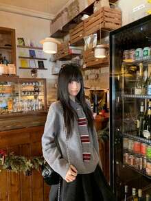 Y6Y Colorblock Grey Ribbon Design Women's 2026 Summer New College Style Soft Fluffy Youthful Loose Knit Long Sleeve Sweater - Grey - View 5