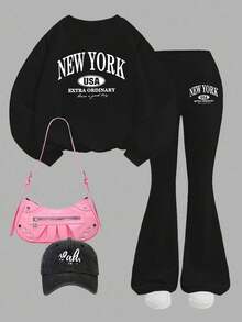 Girls Casual Loose Letter Print Sweatshirt Set, Suitable For Autumn/Winter, Young Girls Sports Outfit Set - Black - View 2