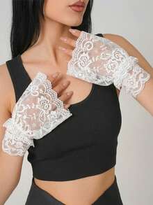 1 Pair Elegant French Double Layer Ruffle Lace Fingerless Gloves, Sheer Mesh Floral Wrist Sleeves, Wedding Lolita Cosplay Daily Decoration - Multicolor - View 10