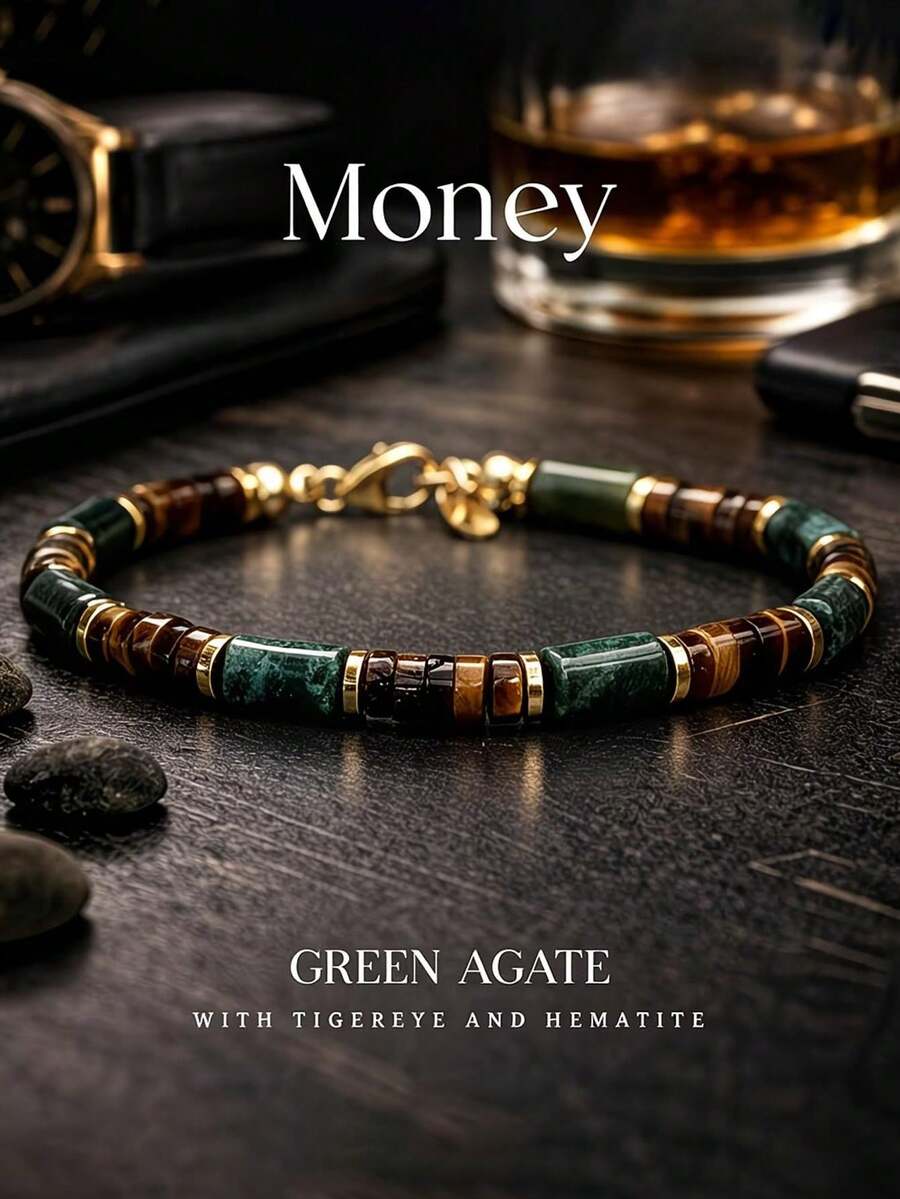1pc Hip-Hop Unique Fashion Minimalist Versatile Personalized Men's Green & Brown Beaded Bracelet, Suitable For Daily Commute, Holiday Party, Street Style Outfit Matching Men's Jewelry - Multicolor - View 1