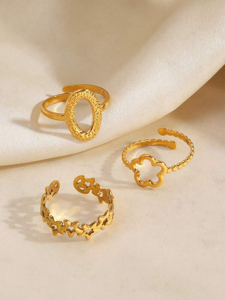 3件組不鏽鋼18K鍍金極簡星星與花朵戒指套組，適合女性日常與派對穿著 - 彩色 - 查看 4