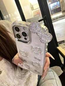 1pc Silver Glitter Epoxy Sanrio Cartoon 3D Rhinestone Bow Hello Kitty Full Coverage Luxury TPU Shockproof Phone Case Protective Cover For Women, Compatible With IPhone 11/12/13/14/15/16/17/PROMAX - Silver - View 3