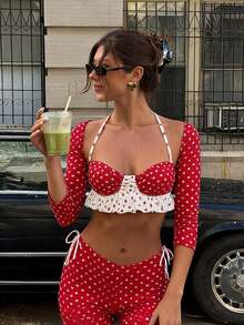 Y2K Retro Red Polka Dot Set - Cropped Colorblock Polka Dot Jacket + Red & White Contrast Camisole + High Waist Slit Capri Pants, Eye-Catching Elegant - Red and White - View 9