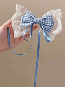 2pcs Girls Blue Fabric Double Layer Lace Plaid Rhinestone Pearl Bow Ribbon Hair Clips Hair Accessories Head Clips Back Clips Side Clips Alligator Hair Clips For Daily Use - Blue - View 4