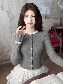 2026 Preppy Argyle Knit Cardigan, Round Neck Lace Trim Cropped Cardigan, Youthful Style Knitwear, Spring/Autumn Daily Campus & Commute, Stretchy Knit Fabric Slimming Cardigan For Women 18-35 Years Old - Grey - View 5