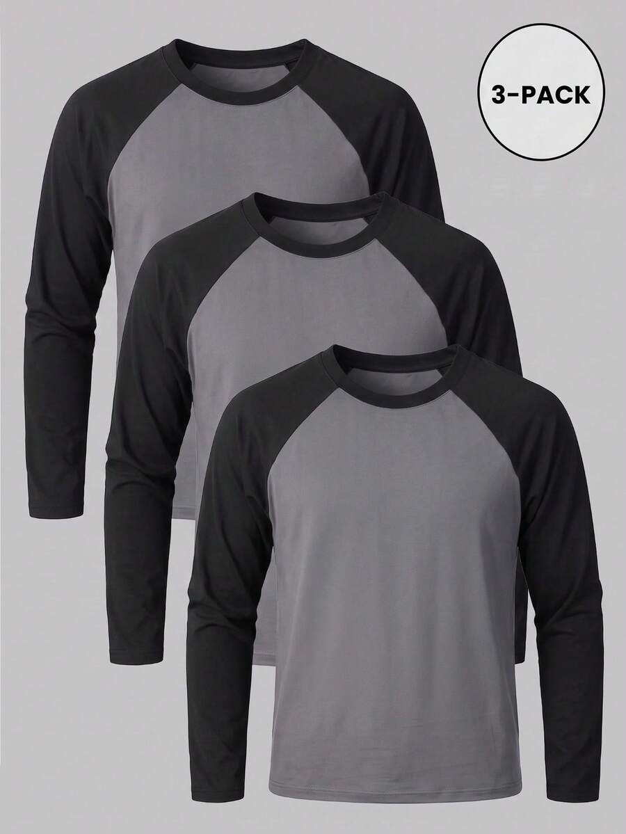 3 áo thun nam tay dài cổ tròn tay raglan dáng ôm phối patchwork - Màu xám đen - Xem 1