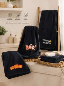 Halloween BOO Embroidered Bath Towel Set, Black Soft Coral Fleece Bath Towel With Spider Web And Ghost Embroidery, Spooky Halloween Decor Bathroom Towel Gift, Suitable For Home Use - Black - View 3