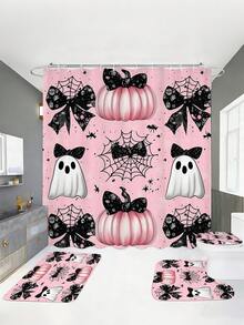 1/3/4 piezas Juego de baño de Halloween con lazo rosa, calabaza y fantasma, incluye cortina de ducha, alfombra de baño en forma de U, alfombra antideslizante, tapa de inodoro y 12 ganchos. Resistente al moho, tela de poliéster, tamaño de la cortina de ducha (72"X72", 35.4"X72", 47.2"X72", 59"X72") y juego a juego, decoración de baño, vacaciones, esencial de viaje. - Serie de Halloween - Ver 4