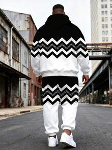 Bộ áo hoodie KING Letter đen trắng họa tiết zigzag, bộ đồ thể thao 2 mảnh phản quang sọc dành cho nam cỡ lớn mùa xuân. - Đen và trắng - Xem 2