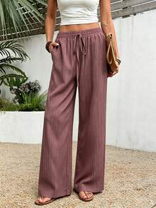 Women's Solid Olive Green Textured Elastic Waistband Faux Drawstring Wide Leg Casual Loose Full Length Pants - Light Brown - View 2
