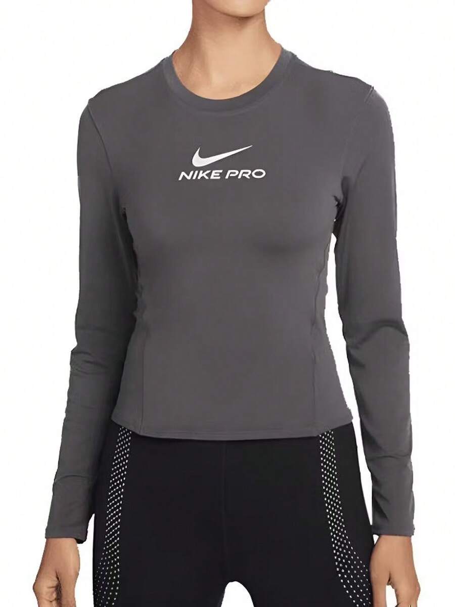 Nike Atasan Lengan Panjang Latihan Klasik Bermotif Pro Dri-FIT untuk Wanita - Grey - View 1