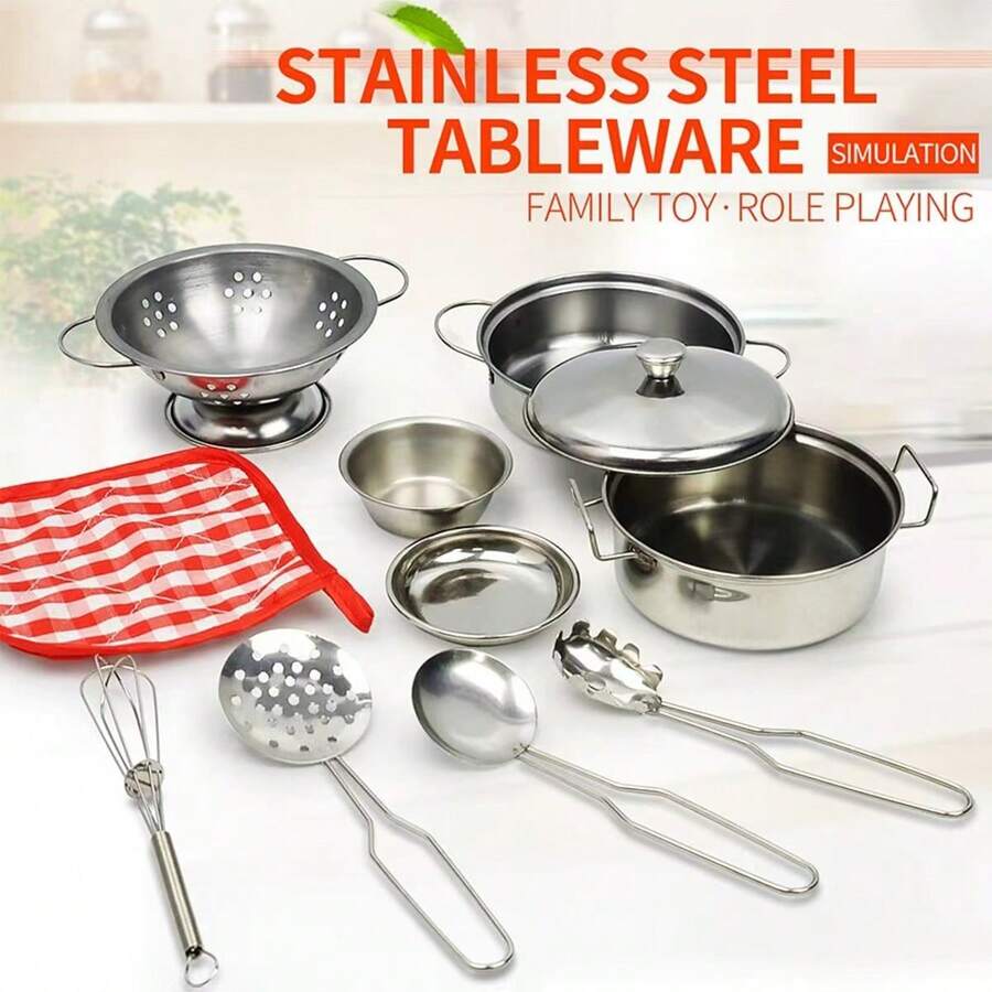 1 Set Kids Stainless Steel Simulation Kitchen Utensils Set, Role Play Cooking Toys, Educational Doll For Developing Hands-On Ability And Hand-Eye Coordination, Smooth Cookware Doll Set, Parent-Child Interaction, Suitable For Boys And Girls