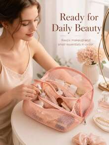 1pc Nylon Mesh Makeup Bag, Large Capacity Multi-Layer Cosmetic Storage Bag, Lightweight Travel Toiletry Bag With Compartments - View 3