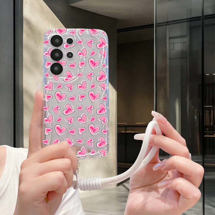 1件裝愛心圖案 TPU 波浪紋理保護手機殼附掛繩,相容 Galaxy S26/S24/S25/S23/Galaxy A57/A37/A17/A07/Note 13 Pro/Note 14 Pro/A3x/A60/Smart 8/Hot 40i/Android 系列 - 無色 - 查看 1