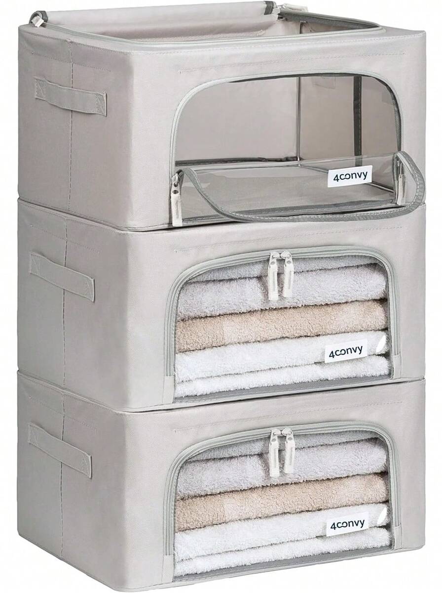 4CONVY Kleideraufbewahrungsbox mitßverschluss und Metallrahmen - Große Faltbare Stapelbare Aufbewahrungsbox - 3 x 66L Aufbewahrungstaschen - Kleiderbox für Bettdecken und Kleidung YNCE - Grau - Übersicht 1