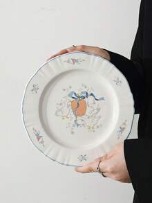 Pratos de Jantar de Cerâmica com Pequenas Flores Pintadas à Mão, Prato de Sobremesa de Porcelana com Borda Ondulada em Formato de Concha, Prato de Salada Vintage com Borda Azul, Utensílios de Mesa Estéticos para Café da Manhã, Bolo e Frutas, Decoração de Cozinha Cottagecore, Presente de Inauguração de Casa para Mulheres - Multicolorido - Visão 11
