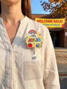 1pc Personalized Teacher Badge Reel, Custom Name Acrylic ID Holder, Cute Rainbow Badge Clip, Back To School Gift, Teacher Work Accessory,Work Name Tag - Multicolor - View 9