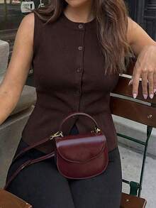 Women's Summer Sleeveless Casual Knit Top With Button Design, Fashionable And Elegant, Essential For Work, Daily Wear And Outings - Brown - View 8