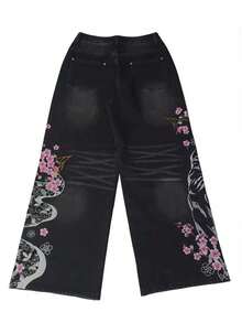 1件女款美式街頭風刺繡寬鬆寬腿牛仔長褲，四季皆宜休閒黑色秋季款 - 黑色 - 查看 10