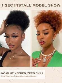 Women's African Fluffy Drawstring Ponytail Curly Hair Bun Wig, Suitable For Basic African Style Updo, African Fluffy Drawstring Ponytail, Real Hair Extensions, Black/Brown, Clip-In Curly Drawstring Ponytail, Short Hair Curly Bun Use - S1B - View 7